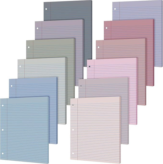 PerKoop 12 Pack 600 Sheets Colored Lined Paper Bulk Wide Ruled 8 x 10.5 Inches, Pastel Loose Leaf Notebook Paper 3 Hole Punched Filler for Back School Classroom Supplies(Elegant Color)