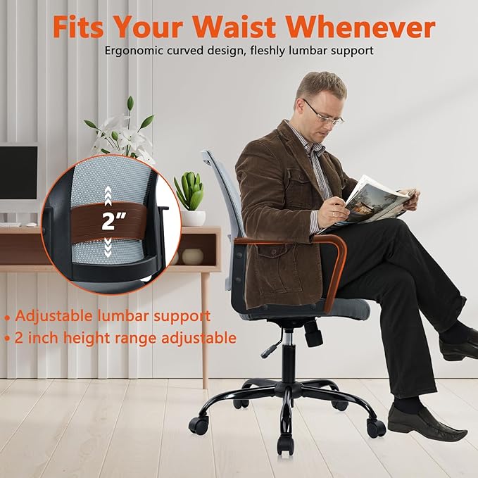 CLATINA Ergonomic Office Desk Chair - Mesh Office Chair with Adjustable Lumbar Support, Rolling Comfortable Computer Task Chairs with Arms for Home Conference-Gray
