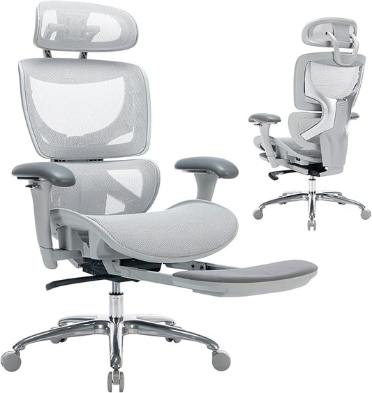 COLAMY Ergonomic Mesh Office Chair, Ergonomic Desk Chair with Footrest, Executive High Back Computer Desk Chair with Lumbar Support, Headrest and Adjustable 3D Arms, Tilt Lock and Lumbar Support-Grey