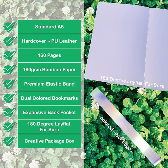Dotted Notebook Journal 180GSM Bamboo Thick White Paper 160 Pages 5 * 5MM Dot Grid, Lay Flat Binding,Colored Silver Edges, Bookmarks and Expandable Back Pocket (BKP-7)