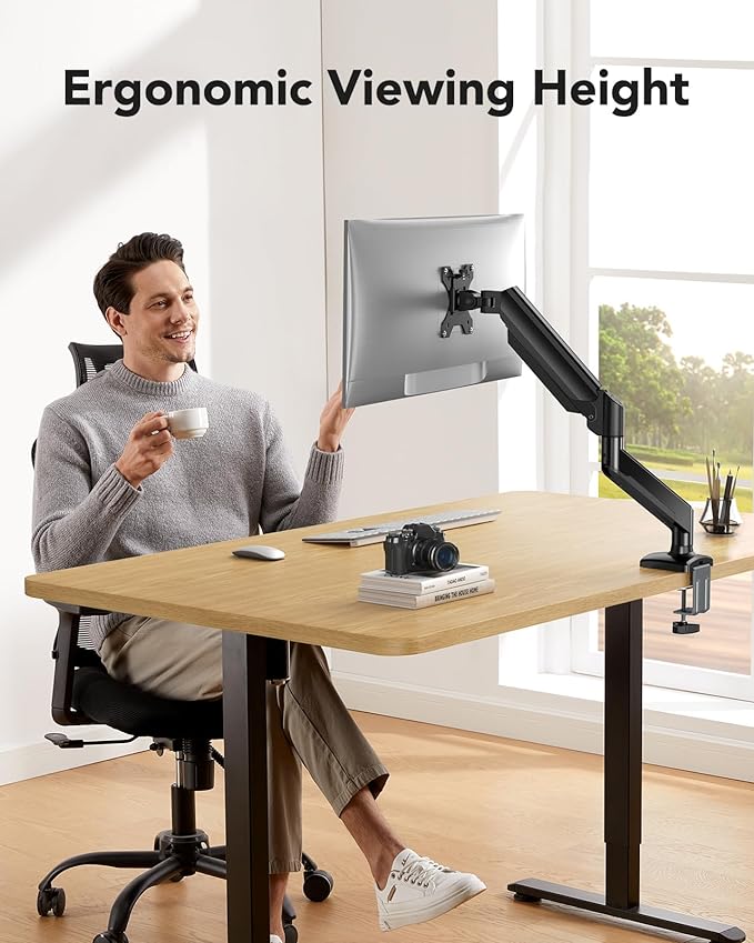 HUANUO Single Monitor Arm 13-34 Inch, Adjustable Gas Spring Arm, Monitor Desk Mount for 4.4-22lbs, VESA 75/100mm with C-Clamp/Grommet Base, Ergonomic Stand for Work/Gaming