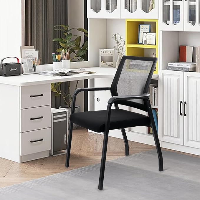 Desk Chair No Wheels, Arm Chair with Ergonomic Lumbar Support and Thickened Seats Cushion, Waiting Room Chairs for Office School Church Guest Reception, 4 Pack Black