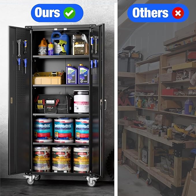 Aobabo Black Metal Garage Cabinet with Pegboard,72In Lockable Storage Cabinets with 2 Doors&4 Adjustable Shelves, Steel Cabinets for Garage&Home Storage,Easy-Assembly