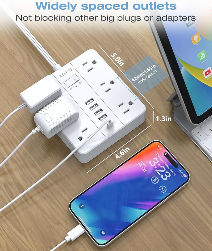 10FT Surge Protector Power Strip,12 AC Outlets with 6 USB Ports (2 USB-C), Flat Plug Extension Cord with Multiple Outlets, Wall Mount for Home Office,Dorm,White
