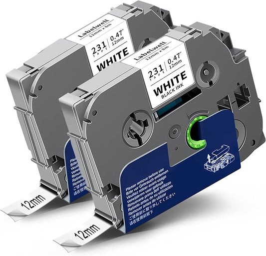 TZe-2312PK Tape 12mm 0.47" Label Maker Tape Laminated Black on White 1/2 Inch Replacement for TZe-231 TZe231 TZ-231 Label Tape Refills for PT-H110 D210 D220 D400 D600 PT-H103W, 2-Pack