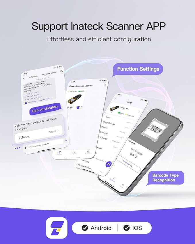 Inateck Barcode Scanner Wireless,Portable Bluetooth Barcode Scanner with Screen,1D 2D QR Code Scanner Kabellos 2.4GHz,Handscanner with APP and SDK, BCST-47