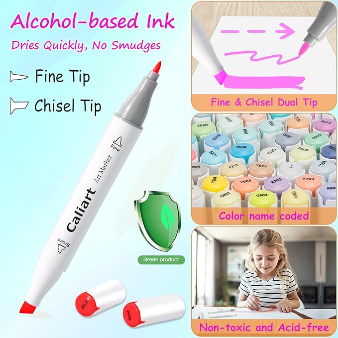 Caliart 180 Colors Fine & Chisel Alcohol Markers for Adult Coloring Book, Dual Tip Artist Sketch Art Markers, Aesthetic Cute Preppy Stuff School Supplies, Pens for Lettering Drawing Cards Planner