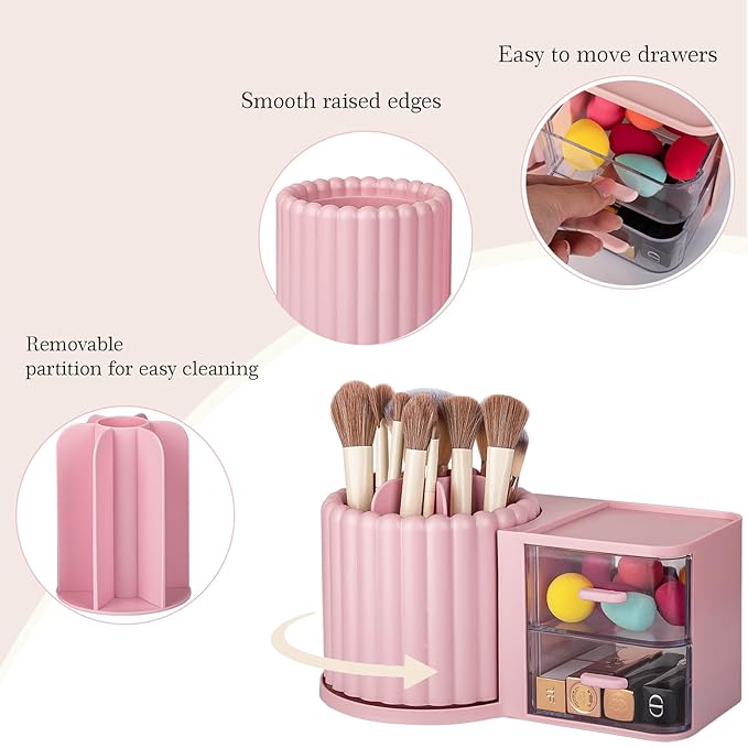 Anyoifax 360 Rotating Makeup Brush Holder 7 Slots Makeup Organizer with Drawer Removable Spinning Cosmetic Storage Pen Holder for Vanity, Dresser, Desk, Pink