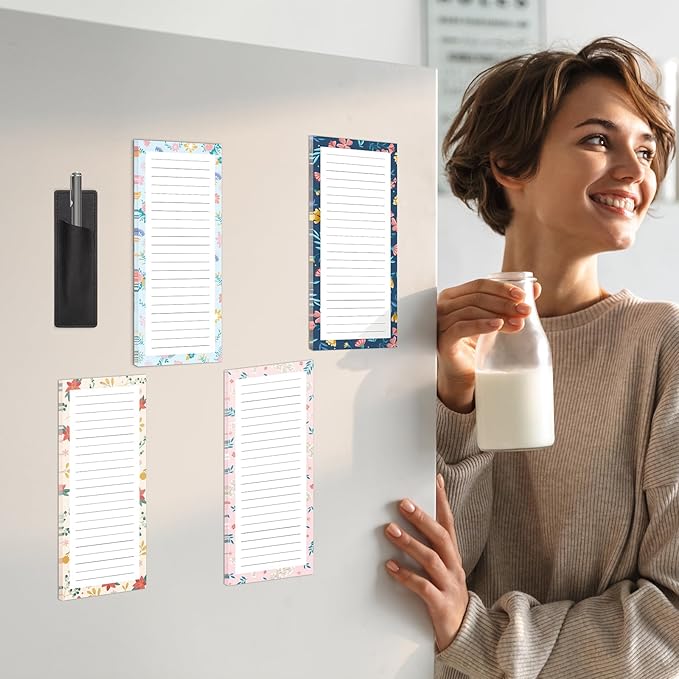 4 Pack Magnetic Note Pad for Fridge with Pen Holder, Totally 200 Sheets Magnetic To Do List, Shopping List, Grocery List, Memo Pads for Refrigerator（Flower Design）