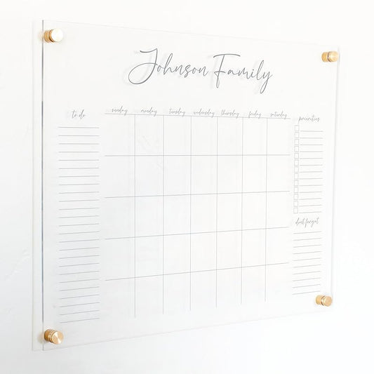 Personalized Clear Acrylic Calendar for Wall, Calendar Whiteboard for Wall, Dry Erase Wall Calendar, Wall Calendar Organizer System for Home (Cursive, Grey, 23"W x18.5"H)