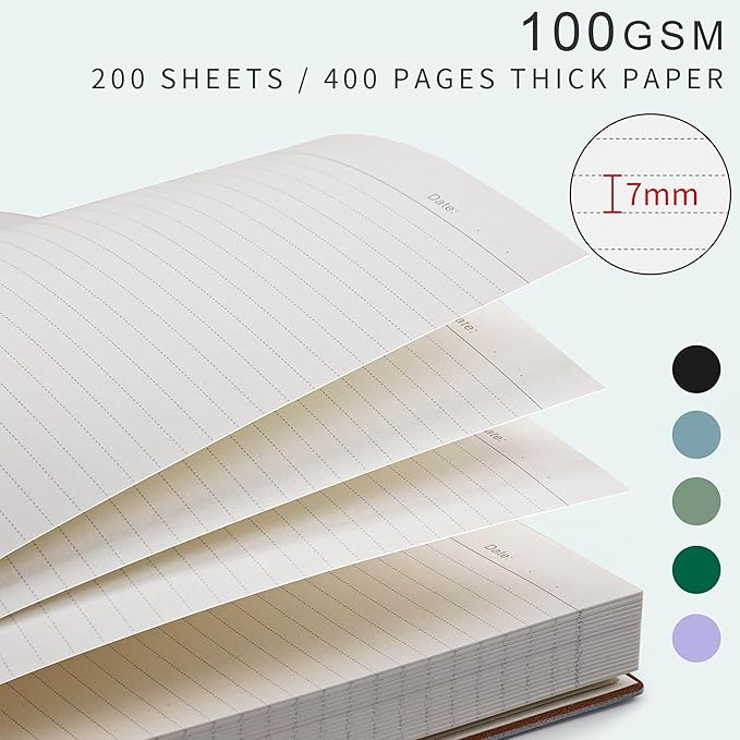 EMSHOI B5 College Ruled Notebook Journal - 400 Pages (200sheets), 7mm Spacing & Vegan Leather Cover for Work, School, Bible Study, Bullet Journaling - with Sticky Notes, Pocket & Pen Holder- GrayBlue