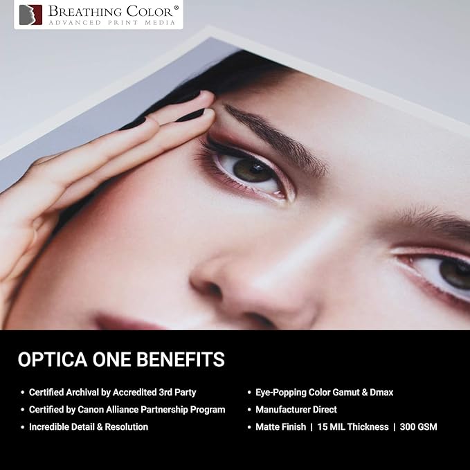 Optica One is a Luxurious 300 gsm Smooth Matte Fine Art Inkjet Paper Featured in a 24"x40' Roll; Its Bright White Color Makes It Ideal for Black and White and Color Prints.