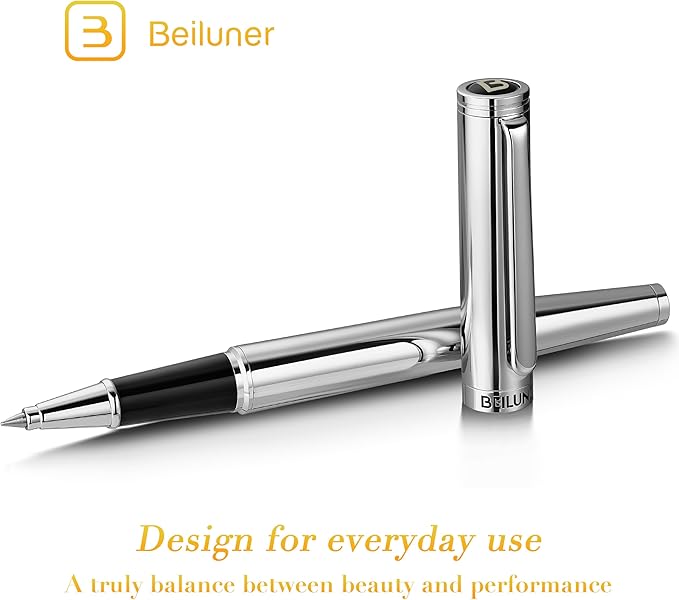 BEILUNER Luxury Silver Grey Rollerball Pen with Chrome Trim, Schmidt Ink Refill, Gift Case, Best for Men's Executive Office, Unisex