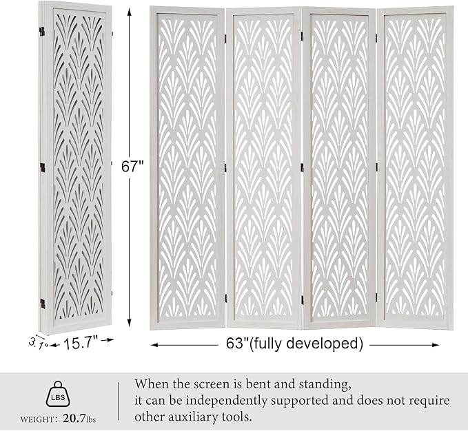 5.6Ft Room Divider Folding Wood Simple Carved Partition Screen for Home Office Garden - 4 Panels (White)