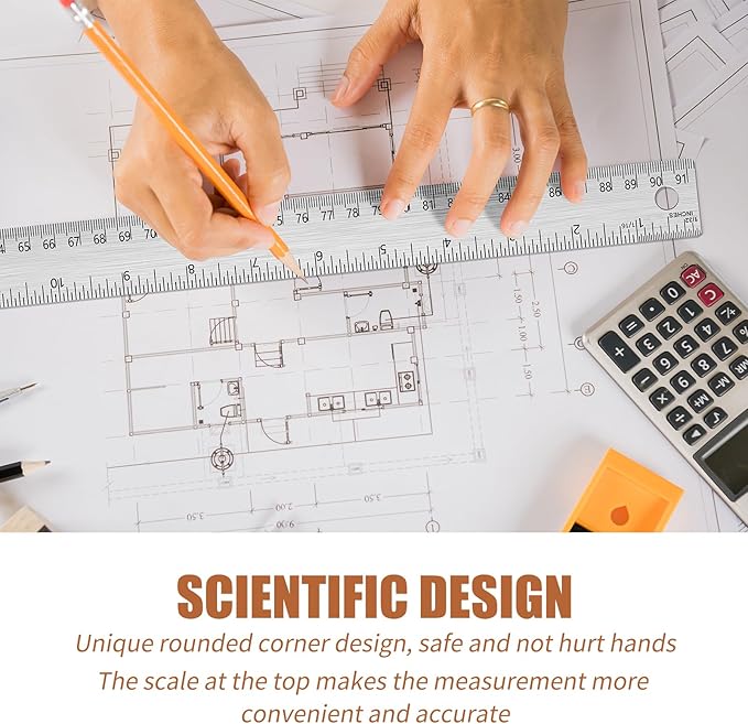 24 Inch Metal Ruler, Stainless Steel Straight Edge Ruler with Cork Backing, Non-Slip Imperial & Metric Measuring Tool for School, Office, Woodworking, Drafting