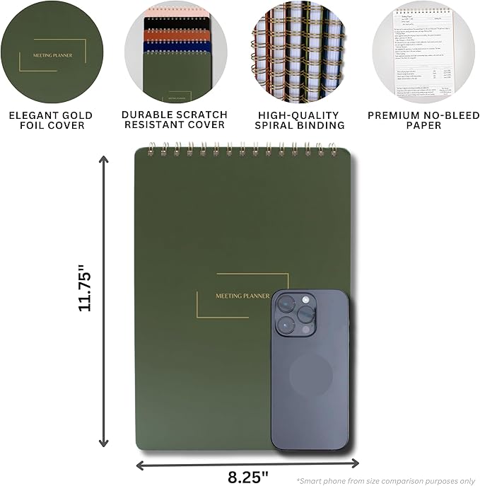 | Meeting Notebook for Work | 8.25" x 11.75" | Project Planner | Simple Design | Multiple Layouts | Office and Business Planner (Navy, Meeting Planner - Portrait)