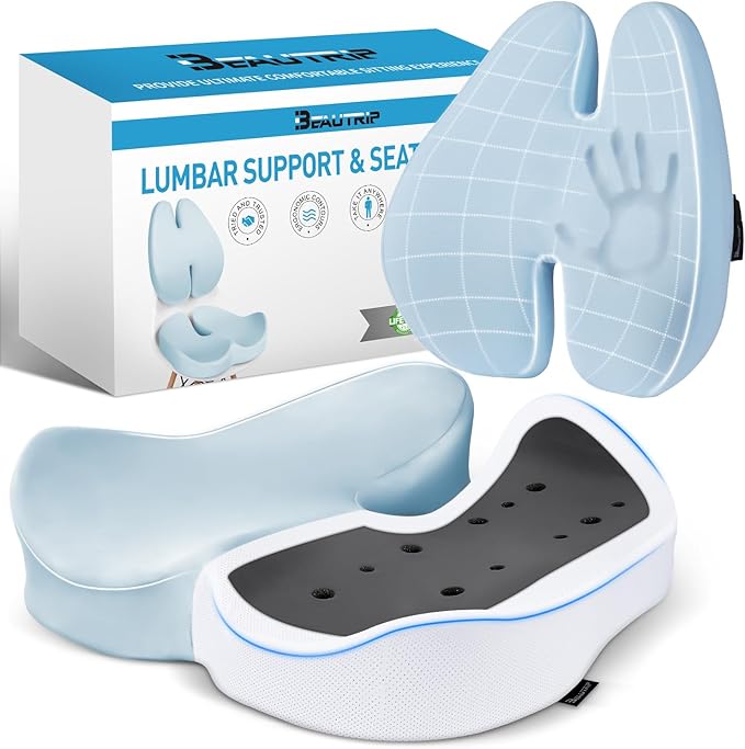 BEAUTRIP Seat Cushion & Lumbar Support Pillow for Office Chair, Car & Wheelchair - Ergonomic Coccyx Cushion for Tailbone, Sciatica & Back Pain Relief - Extra-Dense Charcoal Memory Foam Chair Cushions