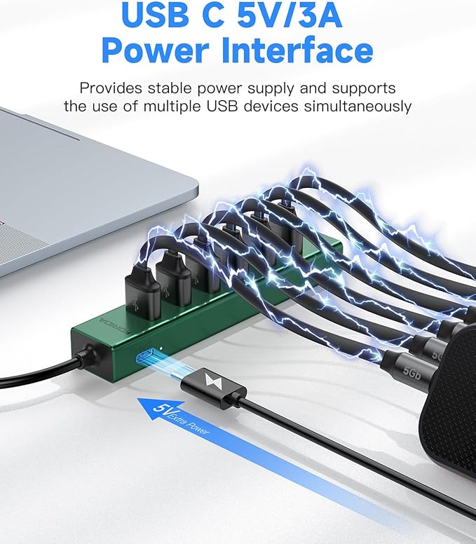 7 Ports USB 3.0 Hub, USB to Network HUB with 3.9ft Long Cable for Laptop, USB Splitter with Gigabit Ethernet Port and 5V/3A Power Port, MultiPort Aluminum Hub for iMac, PC, Flash Drives (Green)