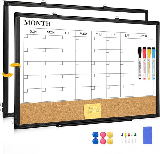 Large Dry Erase Calendar for Wall, 36"x24" Double-Sided Magnetic Whiteboard Calendar with Cork Board, Black Aluminum Frame Monthly White Board Memo Message Board for Office, Home, School