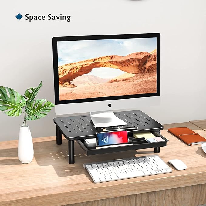 BONTEC 2 Pack Adjustable Monitor Stand Riser with Drawer, Ergonomic Mesh Platform for Laptop, PC, iMac, Printer, Supports up to 44 lbs/20kg with Cable Management Included