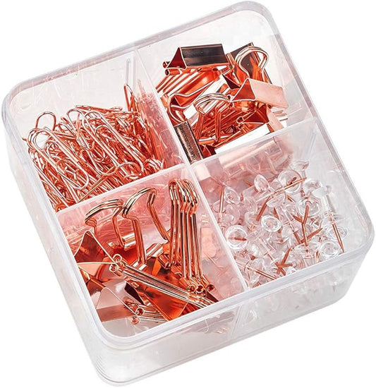 Paper Clips and Binder Clips Set, Metal Assorted Sized Binders with Push Pins, Cute Office Supplies for Desk, Desk Accessories (Square-Rose-Gold)