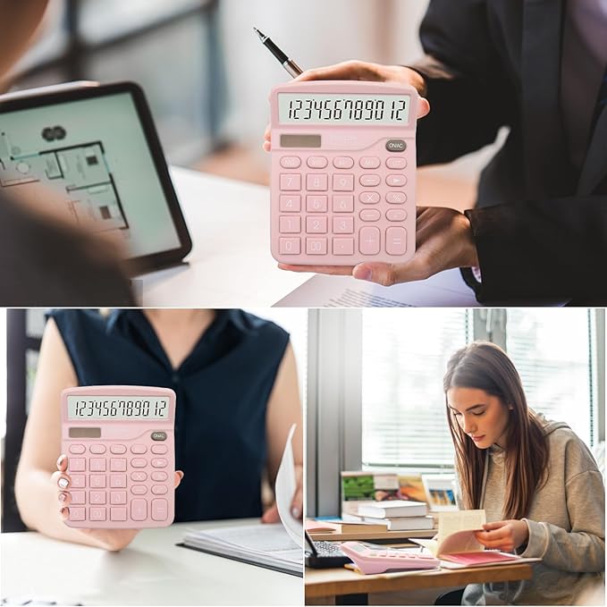 2PC Pink Calculator, Solar Battery Dual Power Calculator,Desktop Calculator 12 Digit with Large LCD Display, Pink Office Supplies with Sensitive Button, Pink Desk Accessories, School Supplies