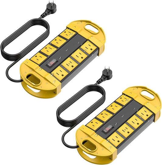 CCCEI 2 Outdoor Power Strips Weatherproof with 8 Plug, Waterproof Extension Cord with Multiple Outlets, Christmas Exterior Garden Yard Surge Protector 6FT, Yellow.