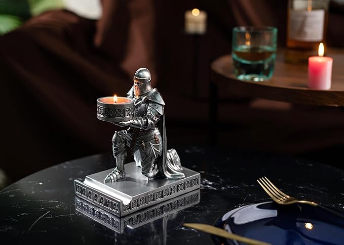 King's Guard Kneeling Knight Candlestick Holders Resin Posture TeaLight Holder Warrior Mobile Phone Stand Pen Holder Candle Holder for Restaurant, Altar, Home Table(Silver)