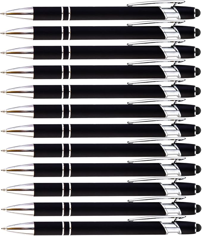 PASISIBICK 12 Pieces Black Ballpoint Pen with Stylus Tip, 2 in 1 Stylus Pen, Premium Metal Stylus Pen for Touch Screens, Black Ink, 1.0 mm Medium Point(12 Black)