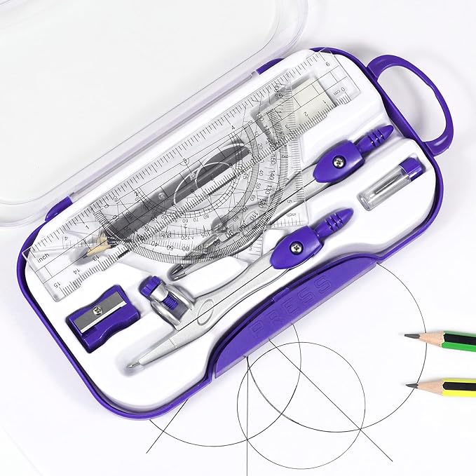 Math Geometry Kit Sets 10 Piece Student Supplies with Shatterproof Storage Box,Includes Rulers,Protractor,Compass,Eraser,Pencil Sharpener,Lead Refills,Pencil,for Drafting and Drawings（Purple）