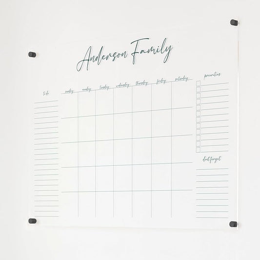 Personalized Clear Acrylic Calendar for Wall, Calendar Whiteboard for Wall, Dry Erase Wall Calendar, Wall Calendar Organizer System for Home (Cursive, Jade, 38"W x 26"H)