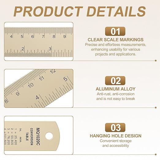 HARFINGTON 4pcs Metal Straight Ruler 20cm Metric SAE Aluminum Alloy Measuring Rulers Scale Tool with Hole for Measure Study Reading Classroom Office, Beige