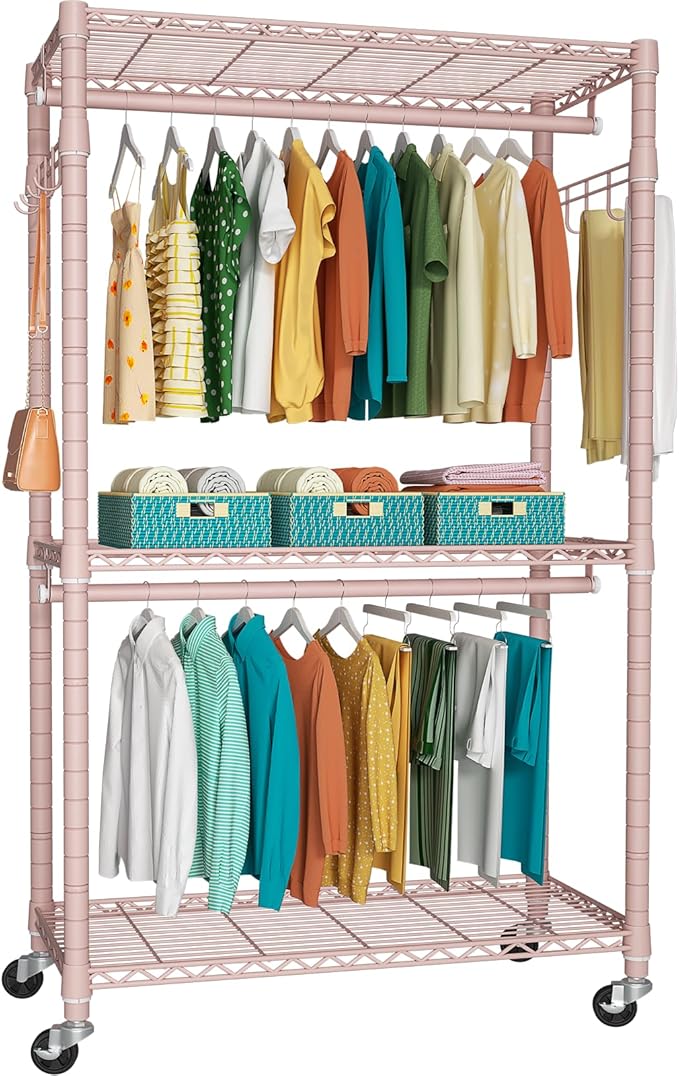 P1 Heavy Duty Garment Rack, 3 Tiers Adjustable Rolling Metal Closet Organizer with Lockable Wheels, FreeStanding Wardrobe with Double Hanger Rods & 1 Pair Hooks, Max Load 450 LBS, Pink