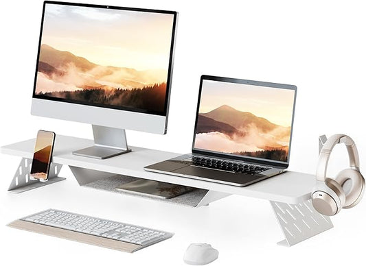 Fenge Dual Monitor Stand, 42.5 Inch Monitor Riser for Desk, Wood Desk Shelf for 2 Monitors, 2 Tier Monitor Shelf with Headphone Stand & Phone Holder