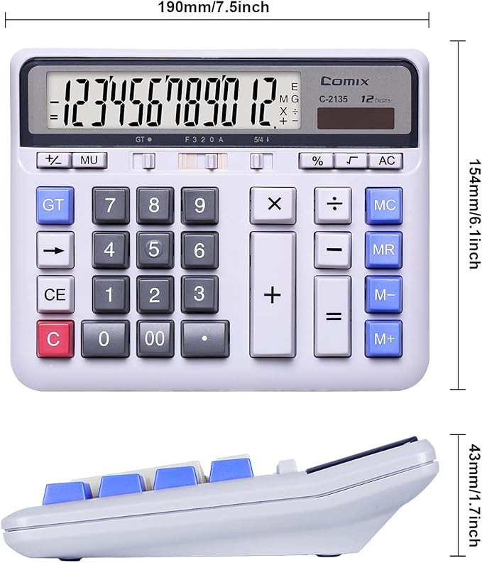 Comix Desktop Calculator Solar Battery Dual Power with 12-Digit Large LCD Display and Large Computer Keys Standard Function Calculator for Home Office School, White(2 Pack)