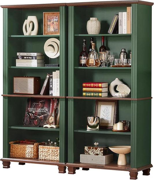 70" Tall Green Bookshelf,5 Tier Wooden Book Shelf with Adjustable Shelves & Wood Legs,Free Standing Farmhouse Bookcase with Open Display Storage,Vintage Bookshelves for Library, 2PCS