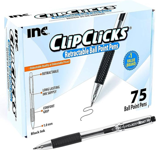 Inc. ClipClicks Retractable Ballpoint Pens - Bulk 1.0-mm Medium-Point Pen Set With Comfort Grip for School, Office, Writing, and Journaling, 75 Count, Black