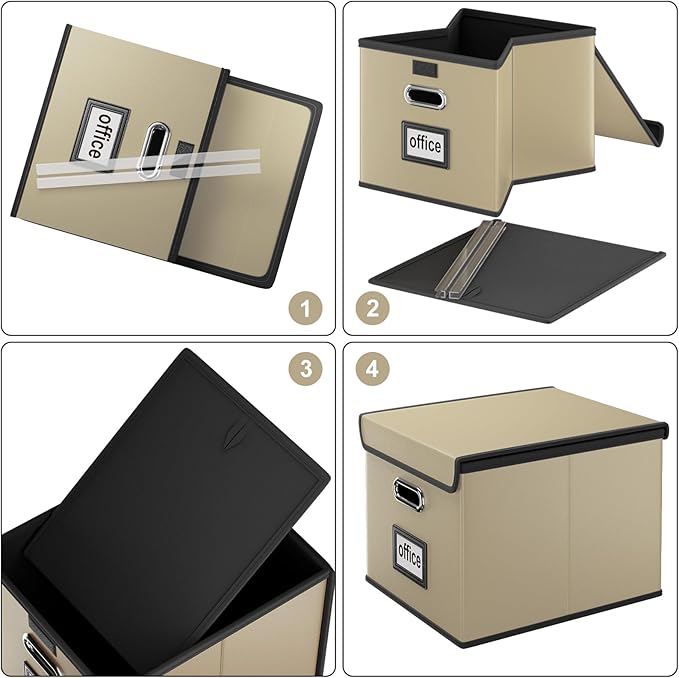 Huolewa Faux Leather File Organizer Box with Lid, Collapsible Hanging File Folder Box Organizer with Plastic Slides, Decorative Home/Office Filing System Boxes for File and Folder Storage-Khaki