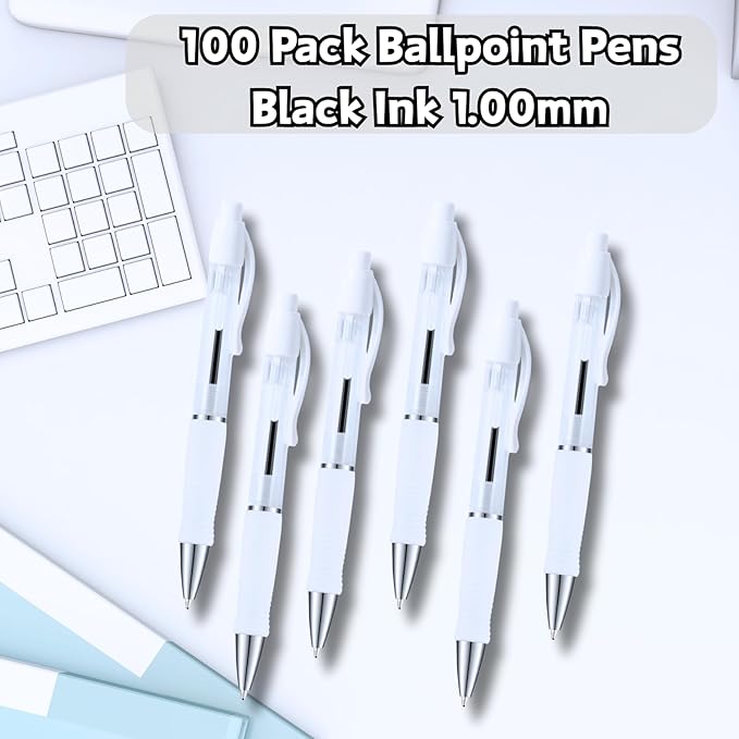 BallPoint Pens Bulk, 100 Pack White Barrel (BLACK Ink), No Bleed Black Ink with soft Grip, Click Pens for Office Home and School, Retractable Ballpoint Pens, Medium Point, 1.00MM Smooth Writing