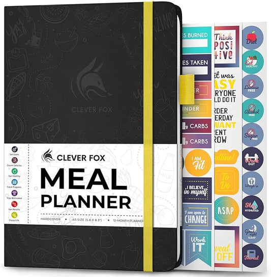 Clever Fox Weekly Meal Planner - Weekly & Daily Meal Prep Journal with Shopping and Grocery Lists for Menu Planning, Healthy Diet & Weight Loss Tracking, Lasts 1 Year, Undated, A5 - Black