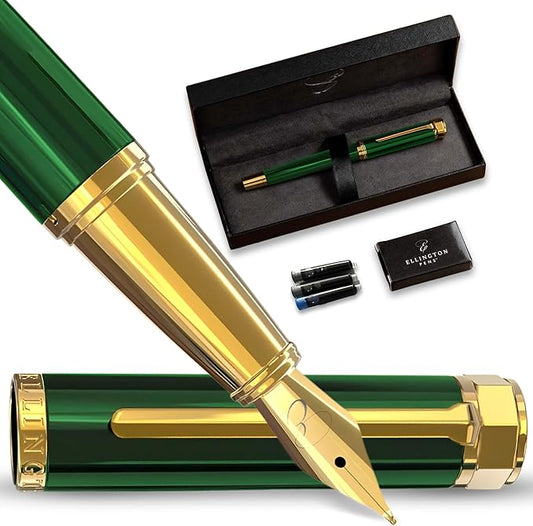 Luxury Fountain Pen Set- Fountain Pens for Writing - Smooth Medium Nib - Includes Refillable Ink Converter, 3 Ink Cartridges [Black & Blue], Gift Box - Elegant Calligraphy