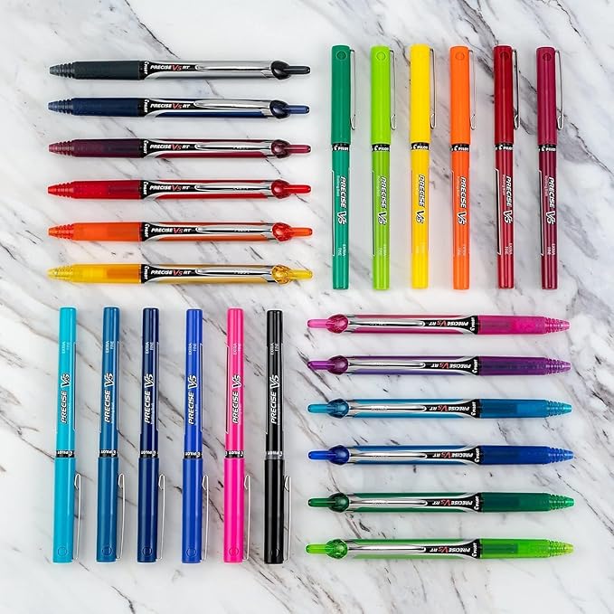Precise V5 Stick Rolling Ball Pens, Extra Fine Point (.5mm), Blue Ink, 6-pk; Bundle with Plastic Reusable Pouch