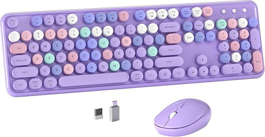 Colorful Wireless Computer Keyboard and Mouse Combo with Round Typewriter Keycaps, Retro Design, Power Switch, Ergonomic Design, 2.4GHz Wireless for Windows, Mac, PC(Purple-Colorful)