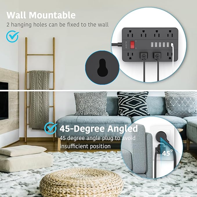 Surge Protector Flat Extension Cord Flat Plug Power Strip, AOFO 8 Widely Spaced Outlets and 6 USB Charger(1 USB C Port), 5 Ft, for Travel, Office, School, Dorm Room Essentials, Black