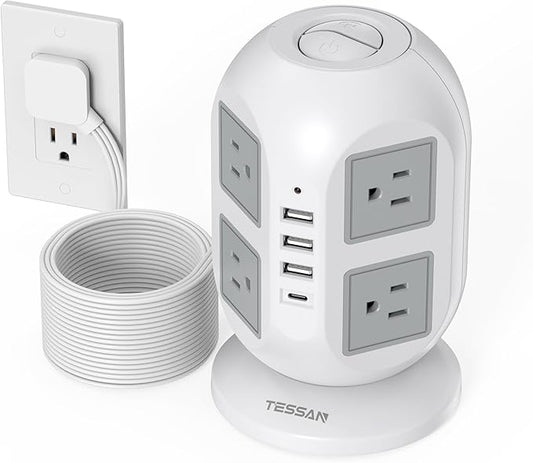Tower Surge Protector Power Strip 15 ft, TESSAN Long Flat Extension Cord with Multiple Outlets, 8 AC Outlets with 4 USB Ports (1 USB C), Charging Station with Surge Protection, for Home Office Dorm
