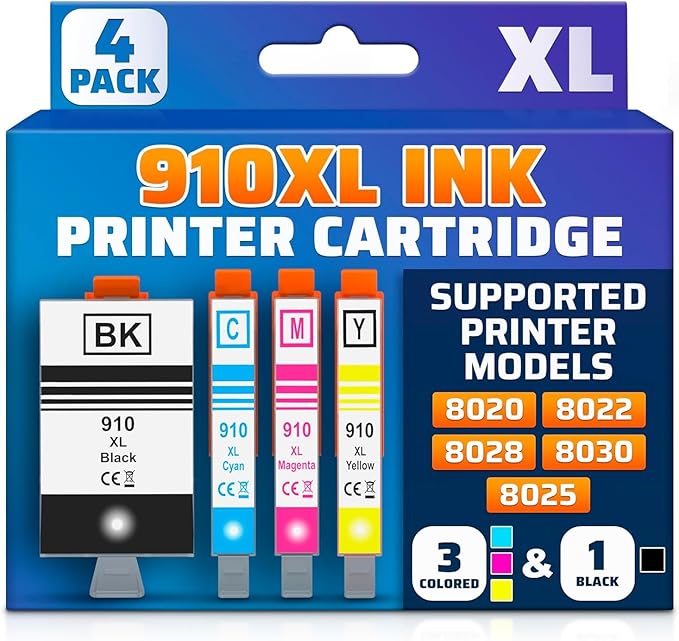 910XL Printer Ink Cartridges 4 Pcs – Includes 910XL Black & Color Ink – Compatible with HP 8020, 8025, 8028, 8030, 8035, 8010, 8015, 8018, 8022 – Quality Prints – Easy Installation
