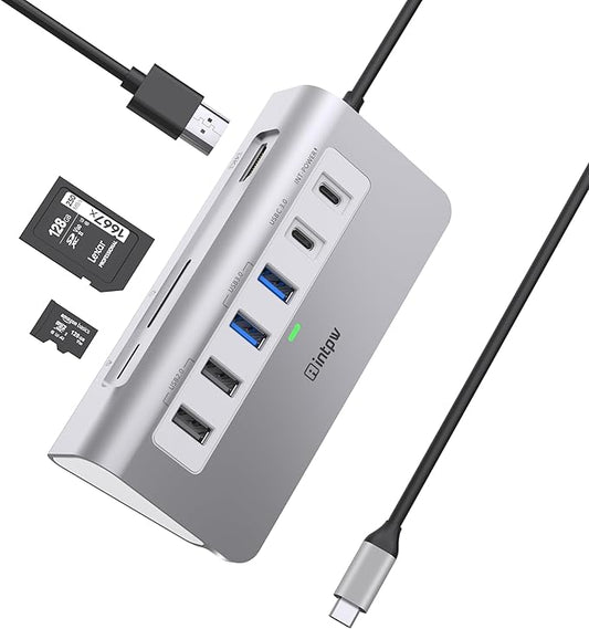 USB C Hub, intpw 9-in-1 USB Hub for Laptop with 4K HDMI, PD 100W, USB-C and 2 USB A 3.0 5Gbps, 2 USB A 2.0, SD/TF Card Reader, Aluminum USB Hub for PC, iPhone, MacBook, iPad
