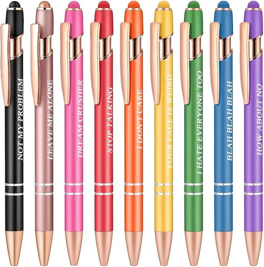 Aozora 9 Pack Ballpoint Pens Smooth Writing 2-in-1 Stylus Retractable Ballpoint Pen with Stylus tip, Office Decor Metal Stylus Pen for Touch Screens, 1.0 mm Black Ink (Funny)
