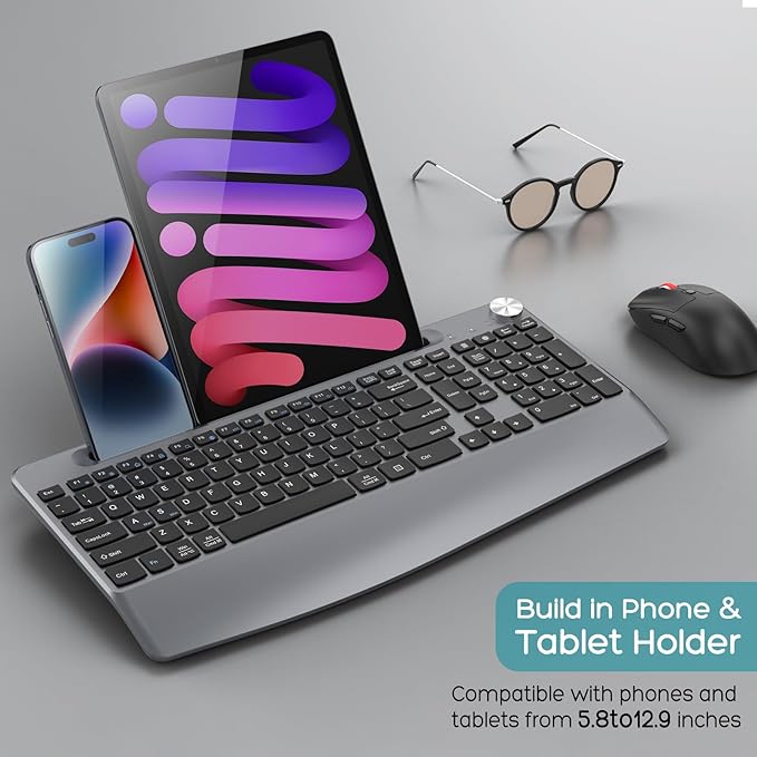 Ergonomic Wireless Keyboard and Mouse with Wrist Rest，Phone Holder - 2.4GHz Full-Sized Low-Profile Quiet Wireless Mouse and Keyboard Combo for Computer, Laptop, PC, Mac-Grey