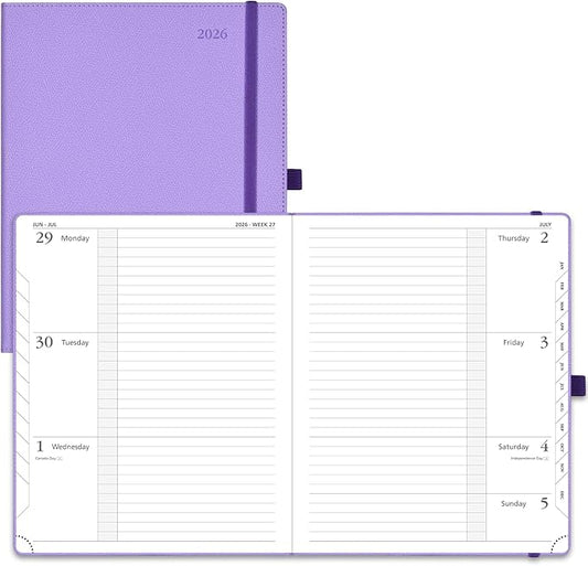POPRUN Weekly Planner 2026 Calendar (Large 8.5" x 10.5") 12 Months Notebook with Horizontal Layout, Leather Hardcover, Inner Pocket, 100GSM Thick Paper, Pen Holder - Lavender